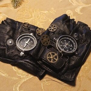 Fingerless Steampunk Black Leather Gloves
